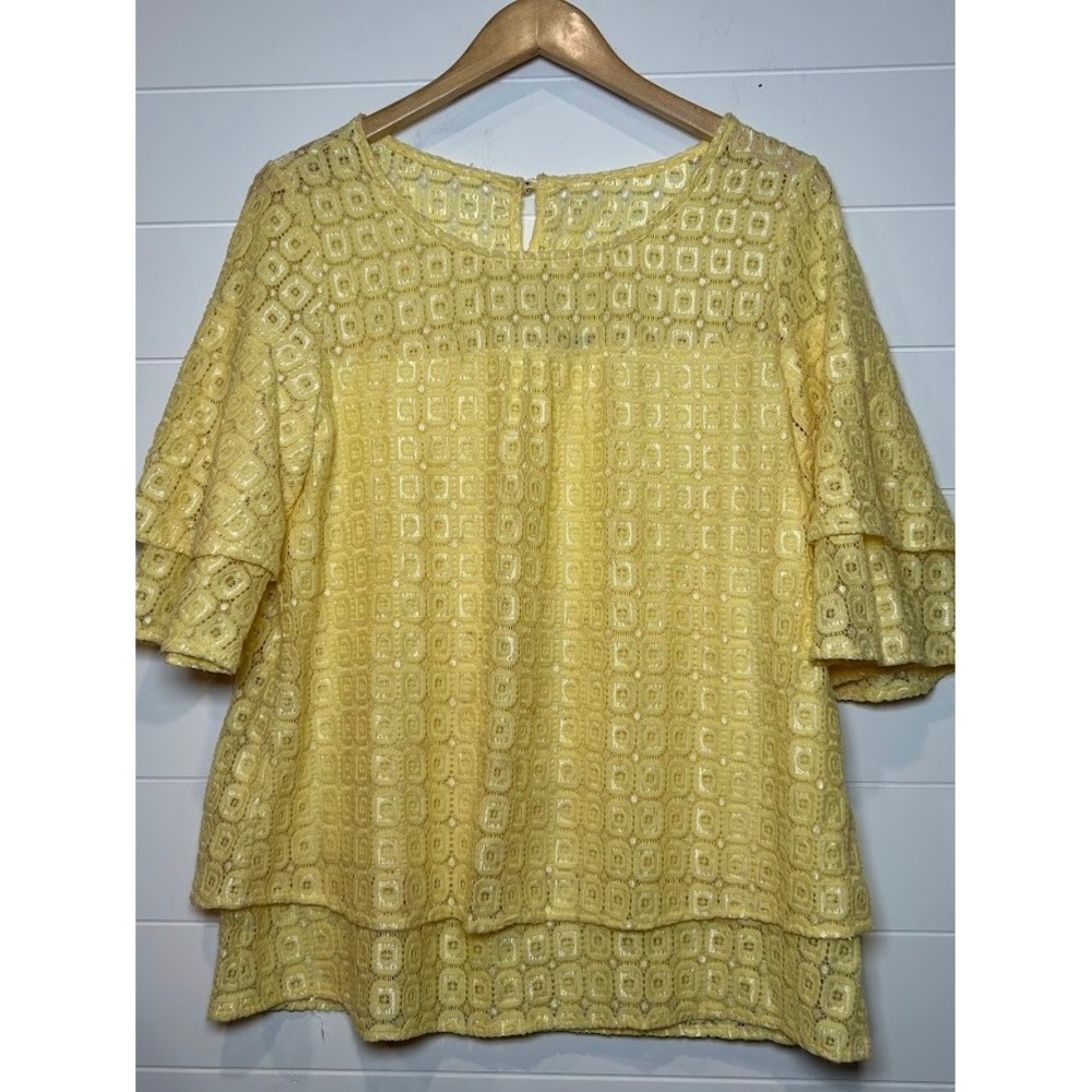 Valerie Stevens Lace Top Tiered Ruffle Sleeve Blouse Yellow‎ Party L